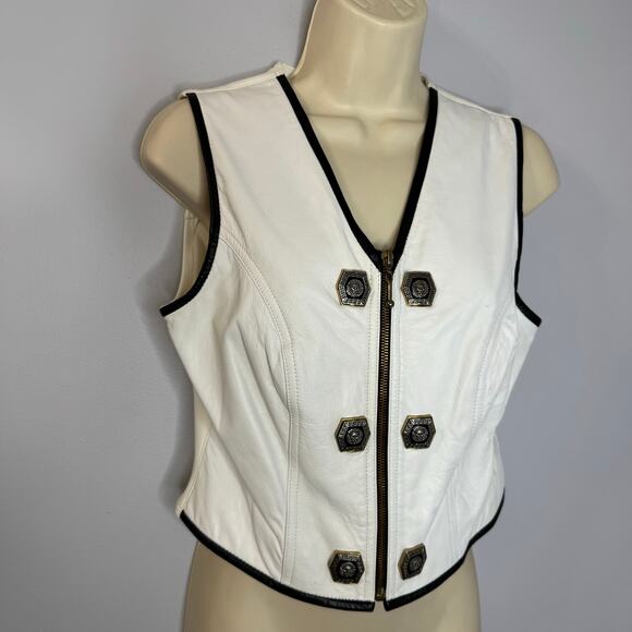 Cache Vintage White Leather Vest Full Zip Crest Gold Buttons Detail Stretch - Picture 3 of 13